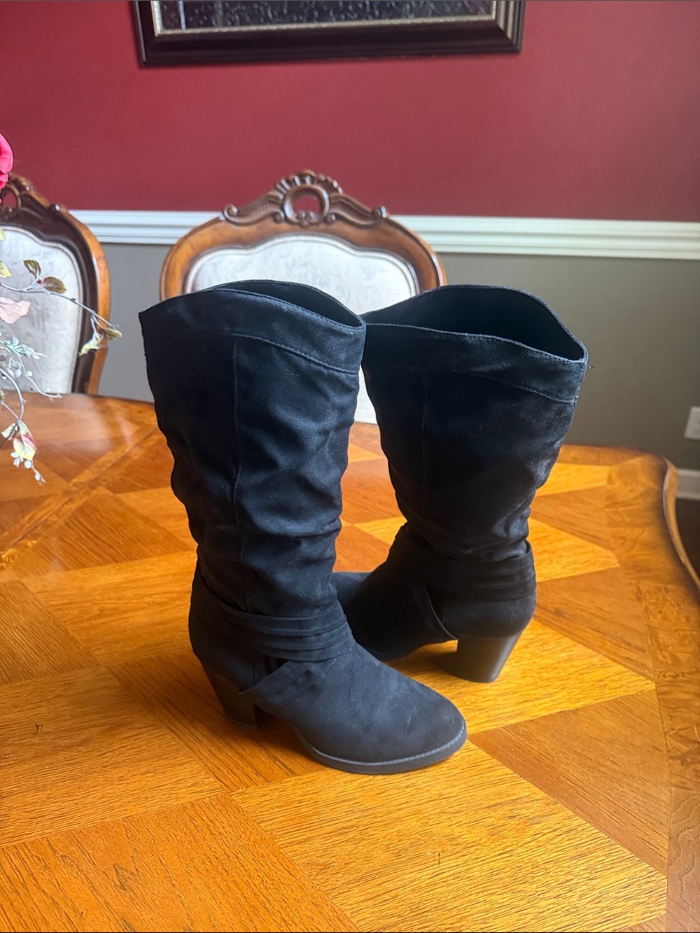 Rampage Black Suede Mid-Calf Ruching Heeled Boots